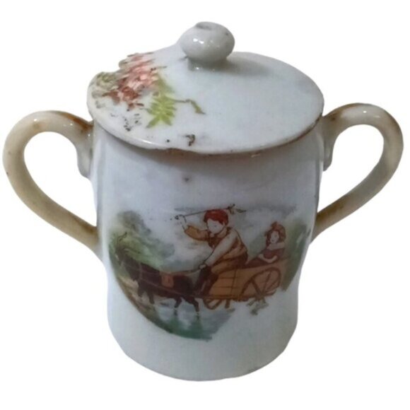 Antique Japanese Mini Teapot & Lidded 2-Handled Pot Goat Cart & Flowers Decor - Picture 9 of 13